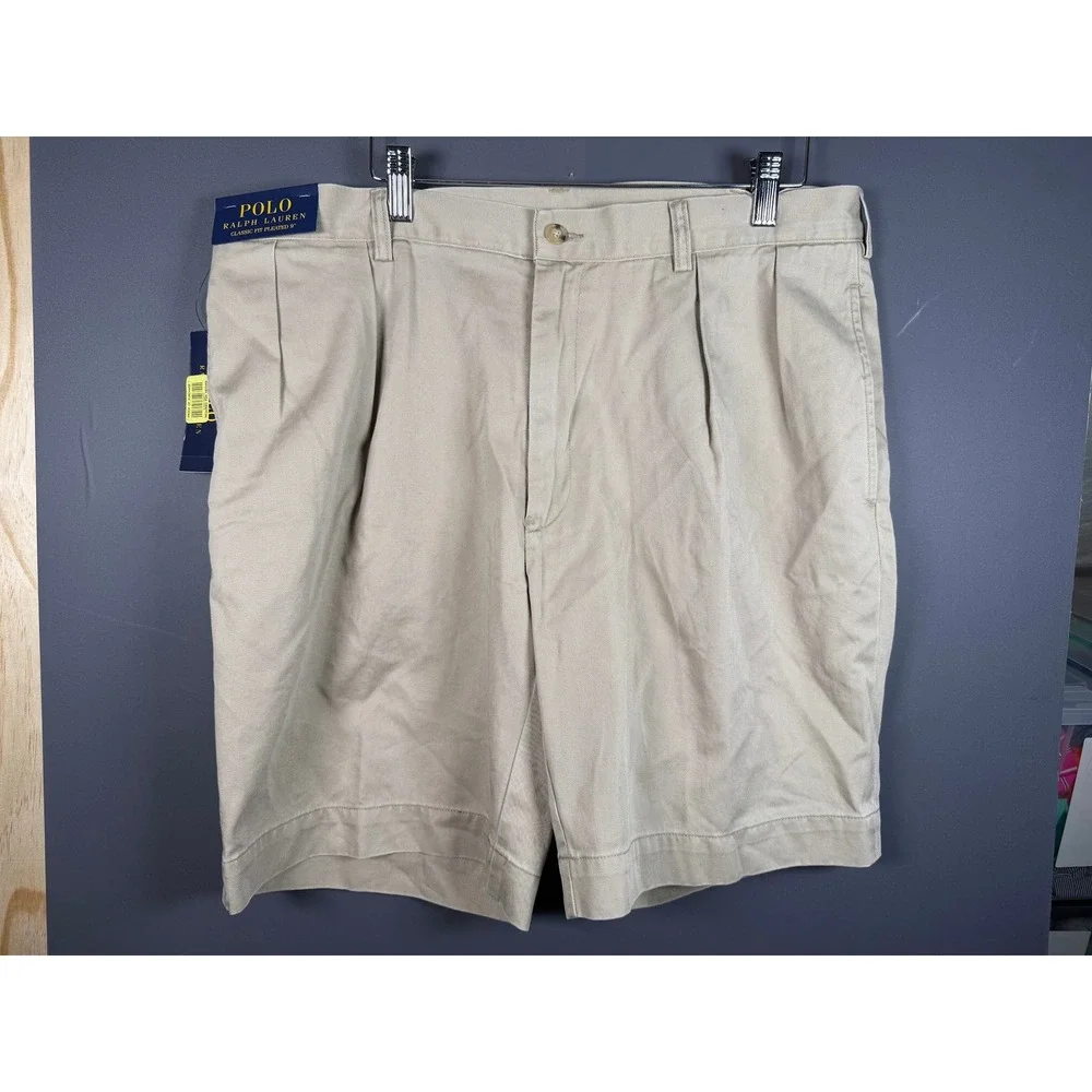 NWT Polo Ralph Lauren Mens Classic Fit Pleated 9 Inch Khaki Chino Shorts Tan 36W